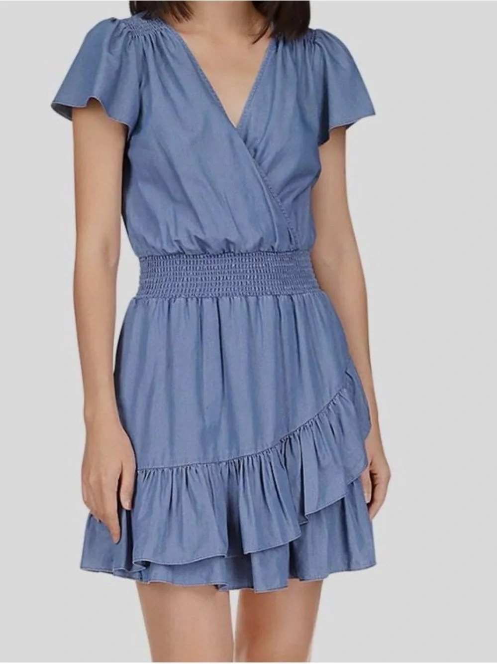 Michael Kors Blue Chambray Ruffle Wrap Mini Dress